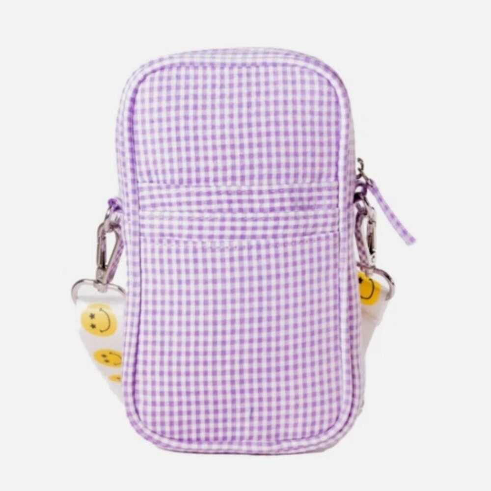 Skinnydip London Mini Crossbody Phone Purple Gingham Smiley Strap Zip Around